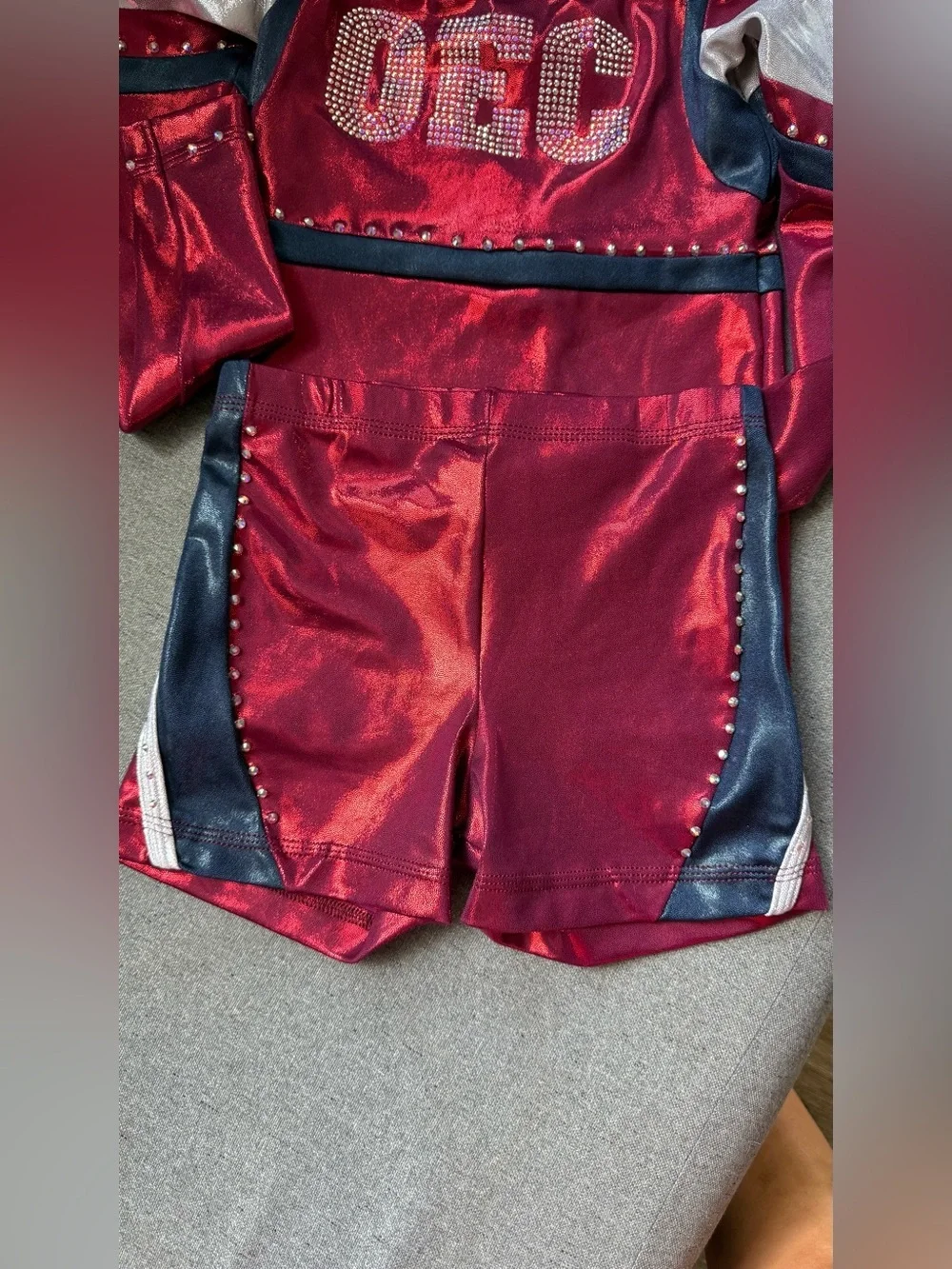 GK Elite OEC Cheerleading Uniform Set Child Large Red Metallic Rhinestone Cheer